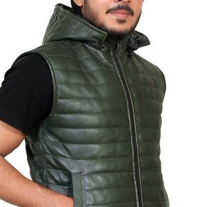 Green Puffer Hooded Leather Vest Handmade